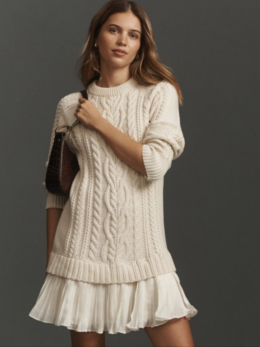 Anthropologie Cream Cable-Knit Sweater with Pleated Hem